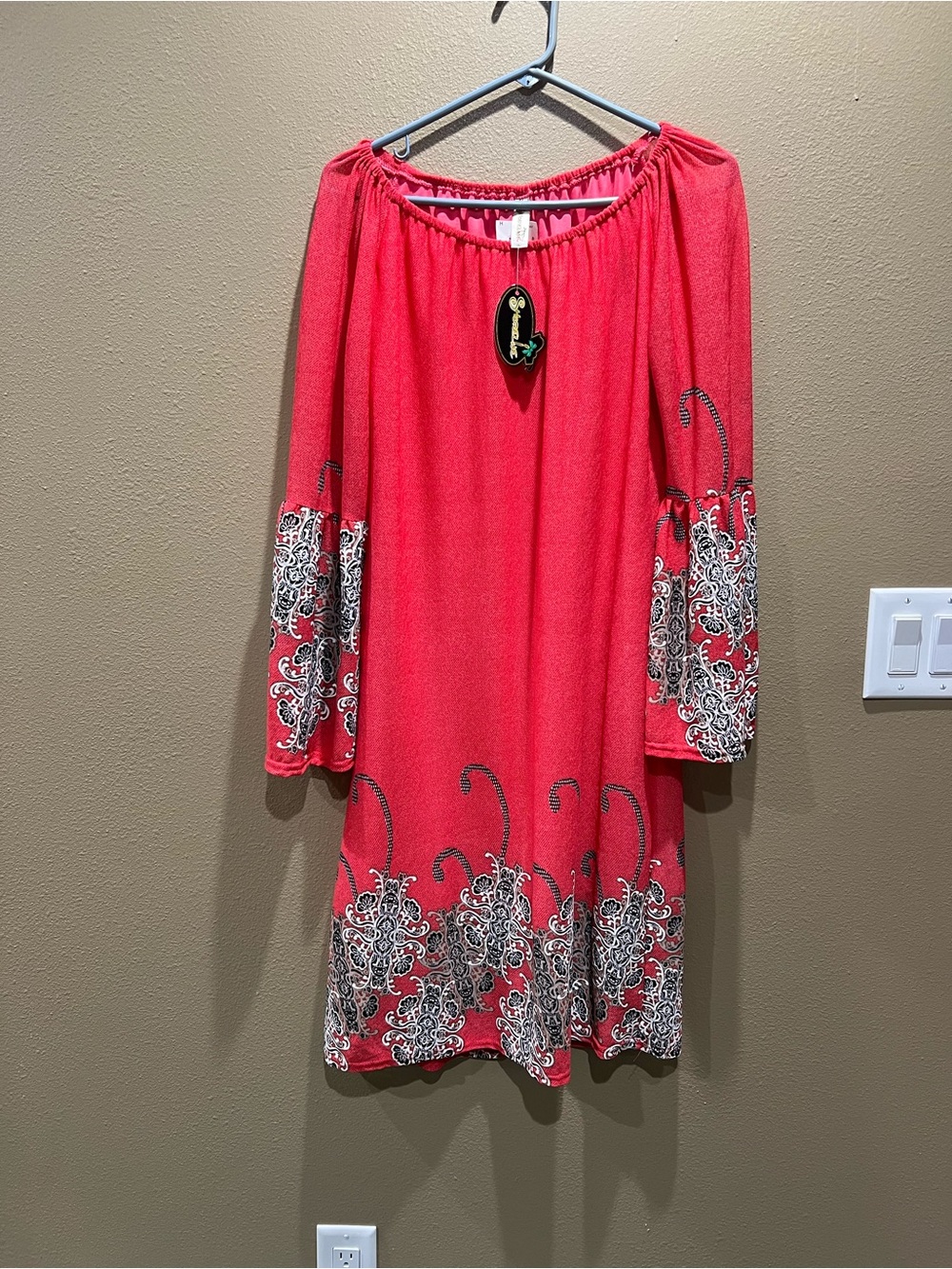 Shoreline Coral Long-Sleeve Peasant Dress with Printed Hem for Women size Medium